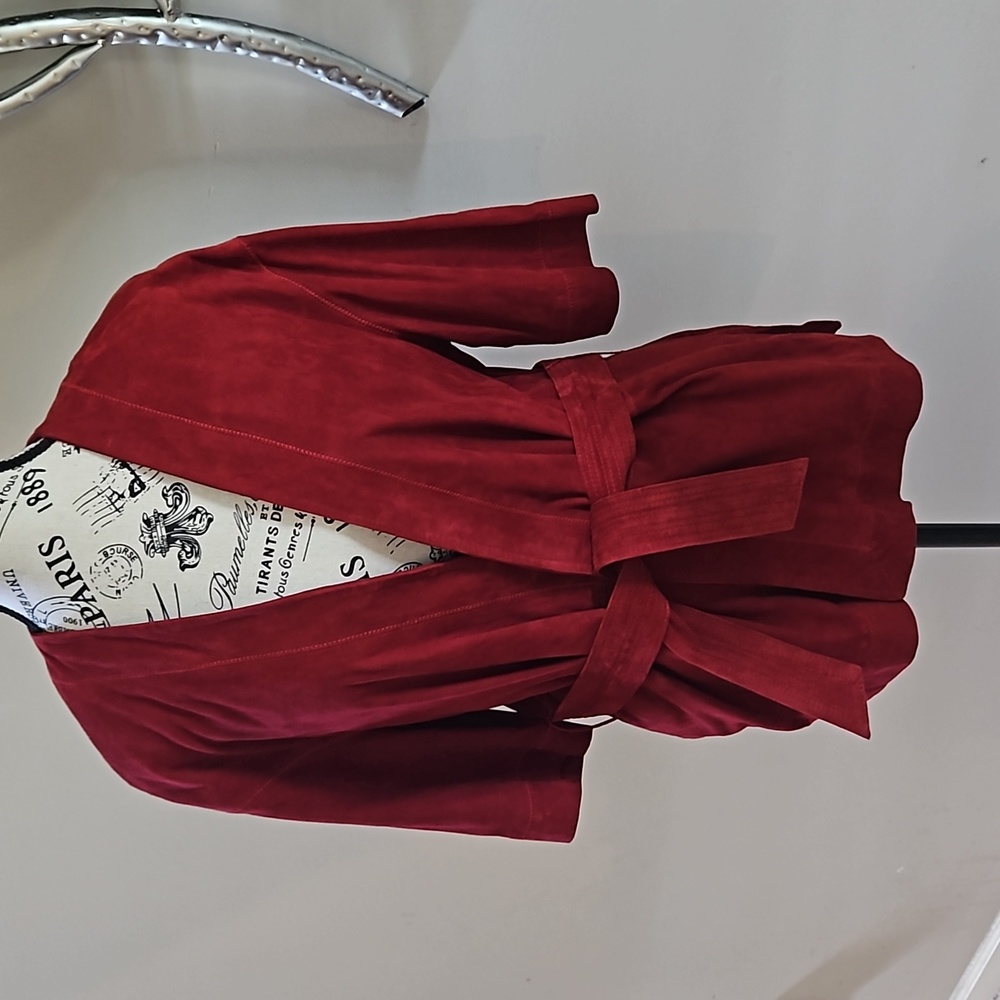 Massimo Dutti Deep Red Suede Goat Leather Open Front Short Sleeve Kimono Jacket